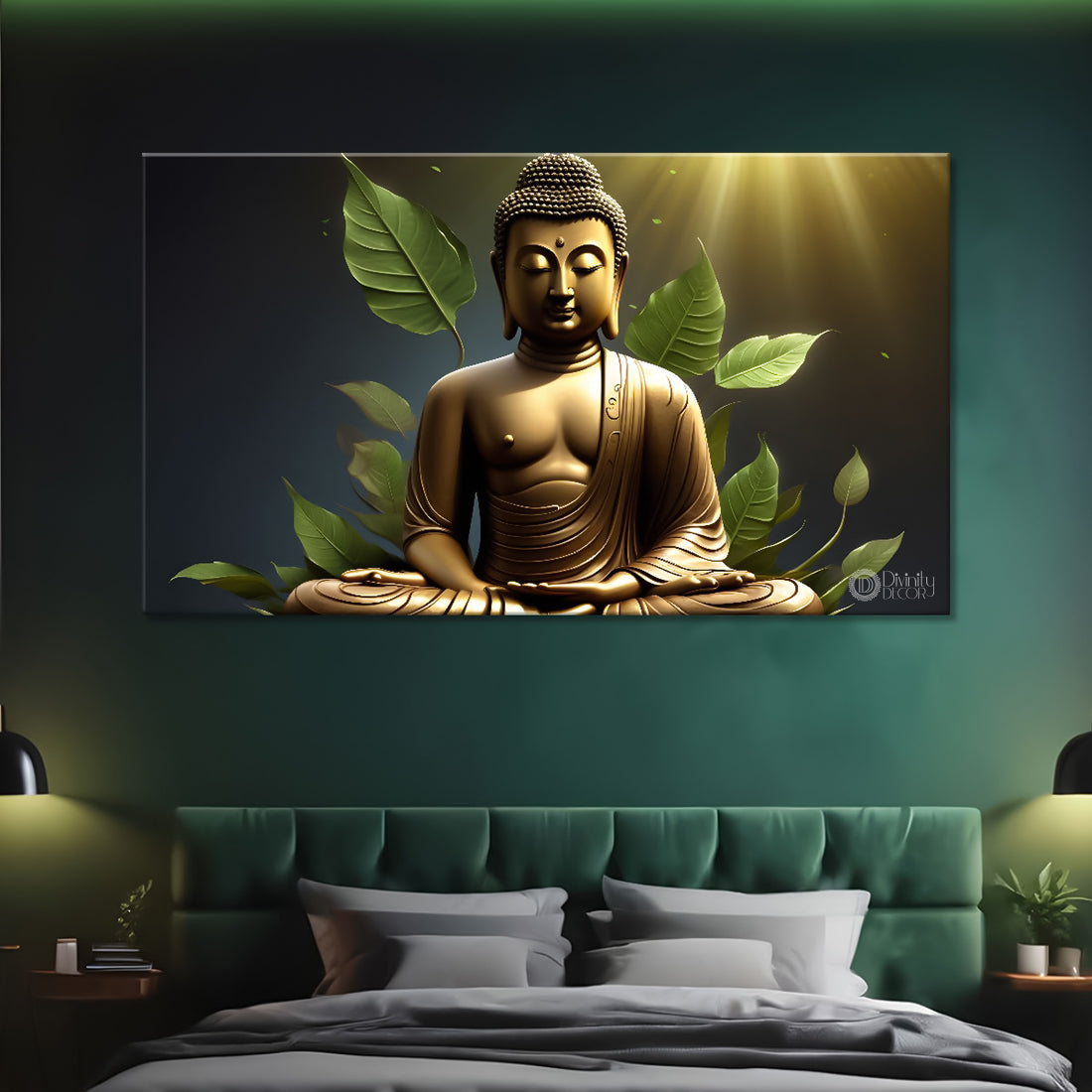 Golden buddha with green background painting Canvas Wall Painting - Buddha-10