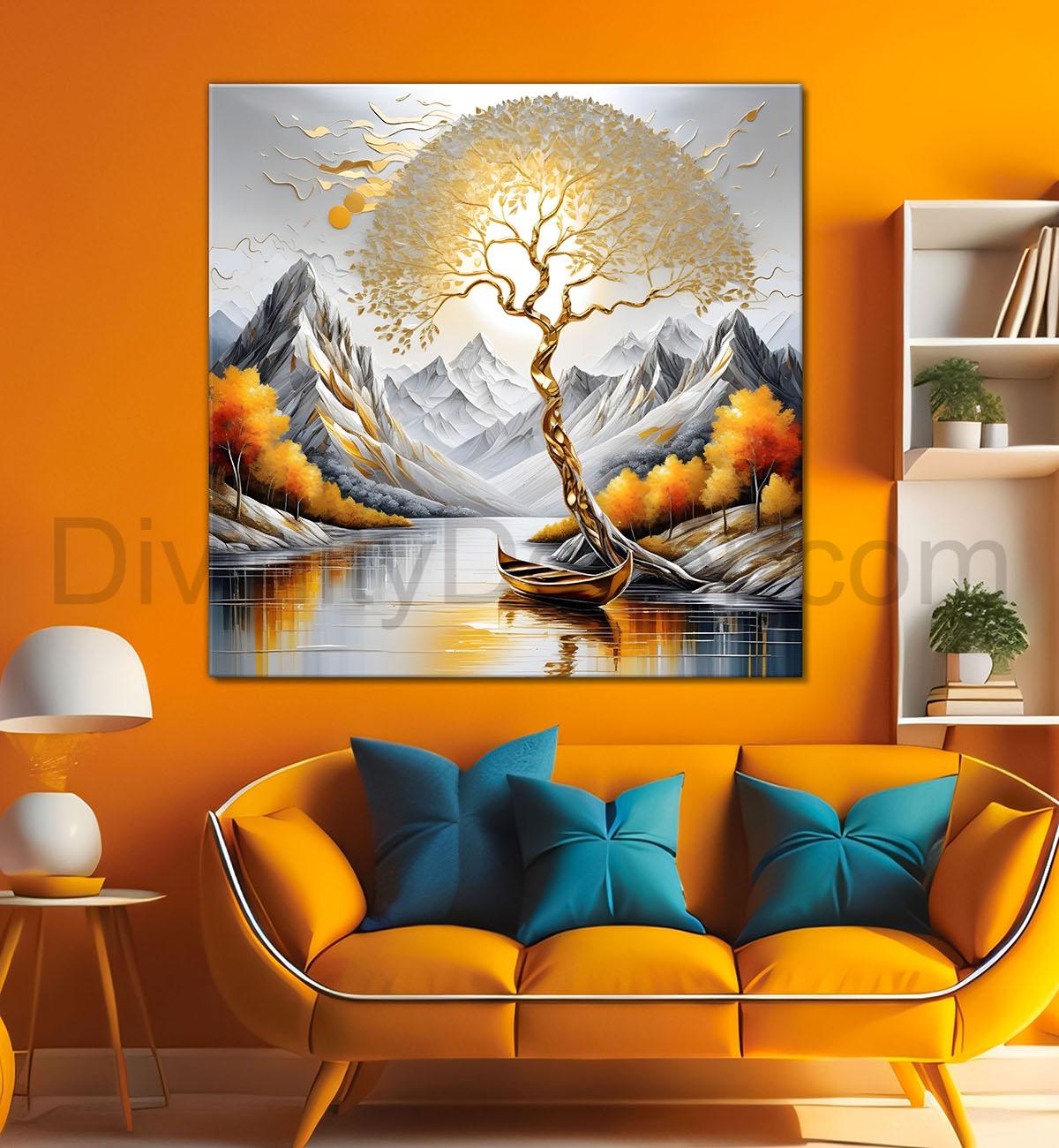 Japnese tree with grey mountains and river Canvas Painting 24X24- Nature Art -S-10