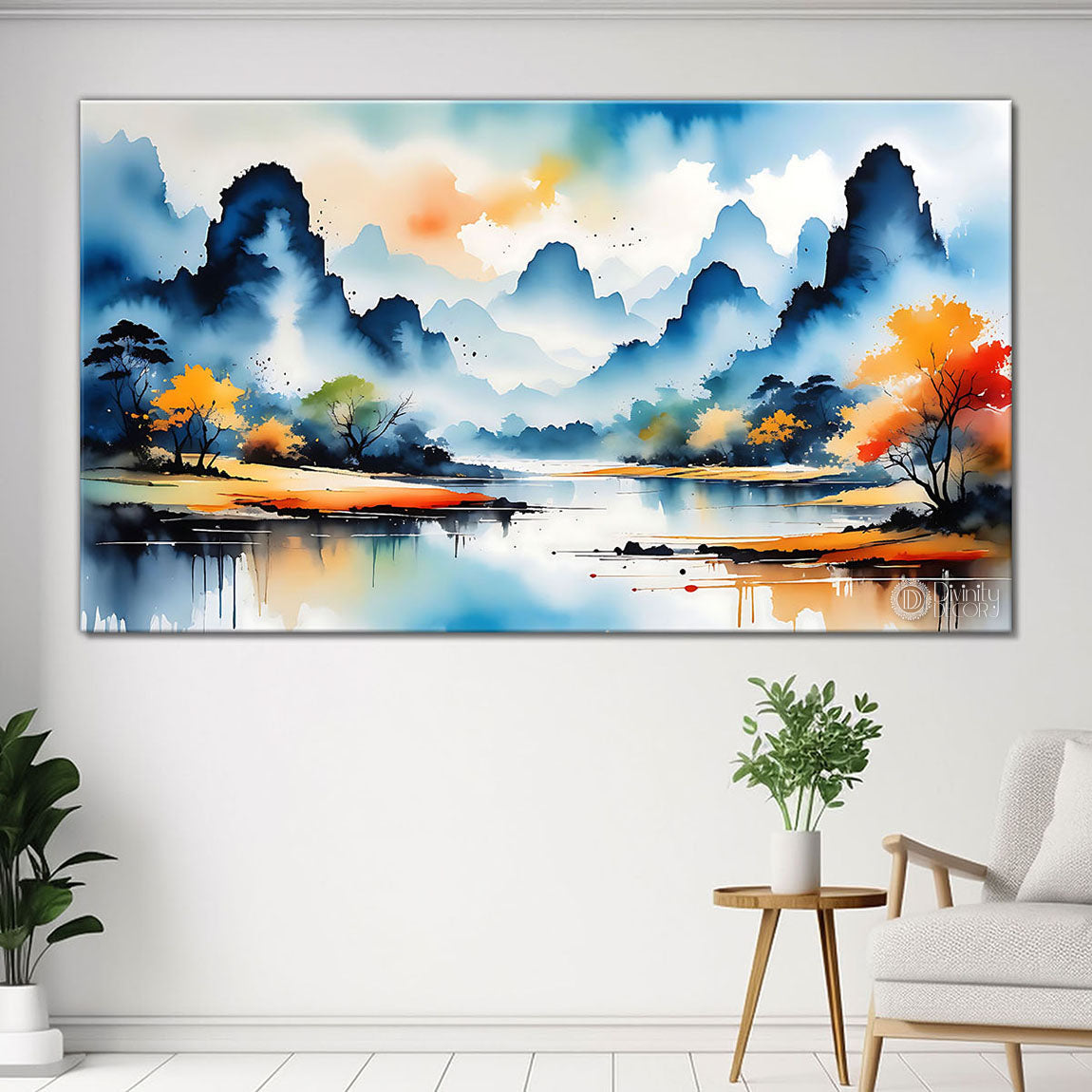 Mountains with lake and orange trees in textured water color painting Canvas Painting - Nature Art -10