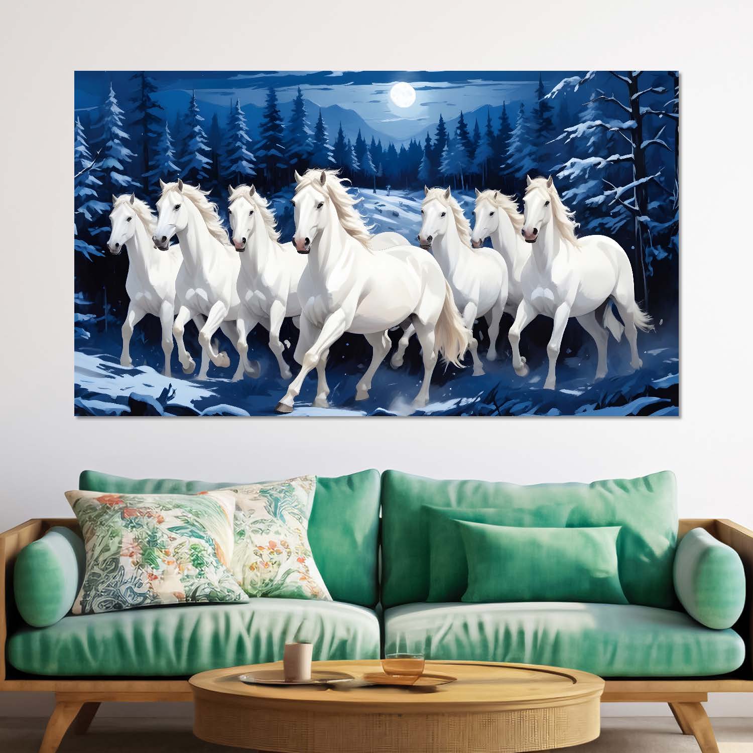 White horses running with moon and trees in blue textured background art Canvas Painting - Design - Horse-10