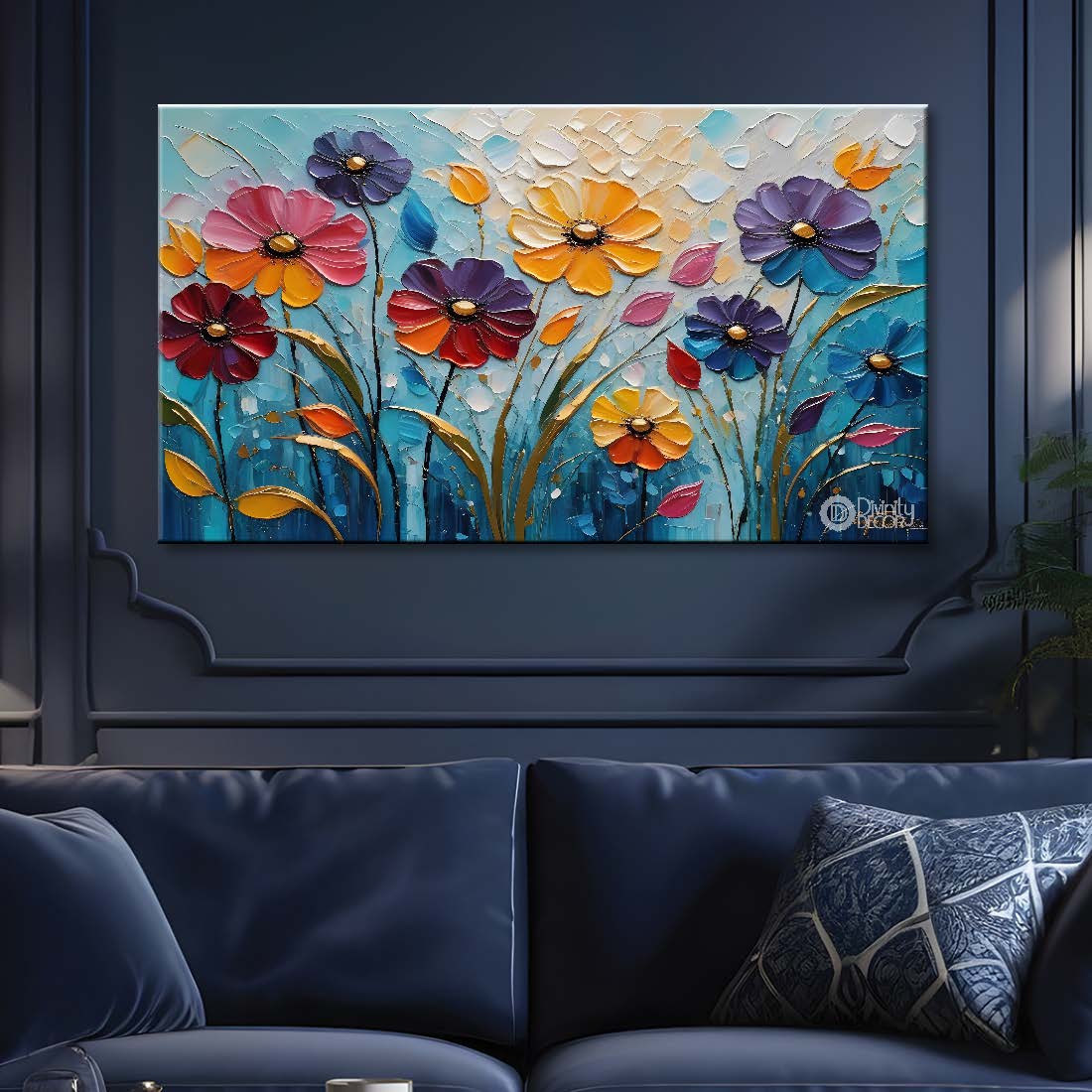 Colorful flowers textured painting with blue background - Design - Flower-10