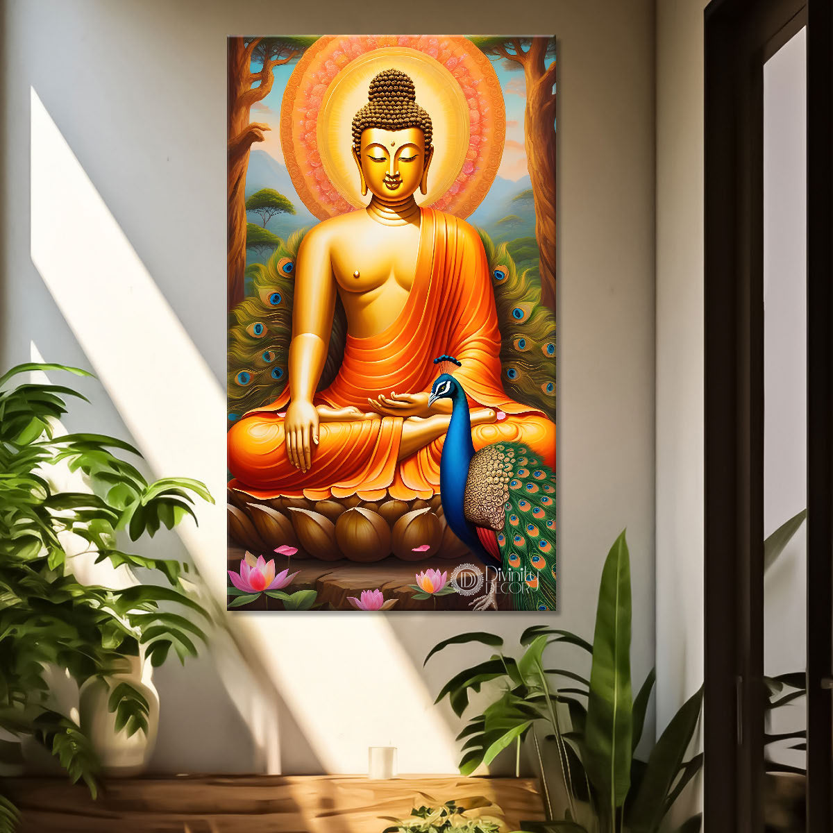 Golden buddha with orange chakrabackground textured painting- Buddha-V-10