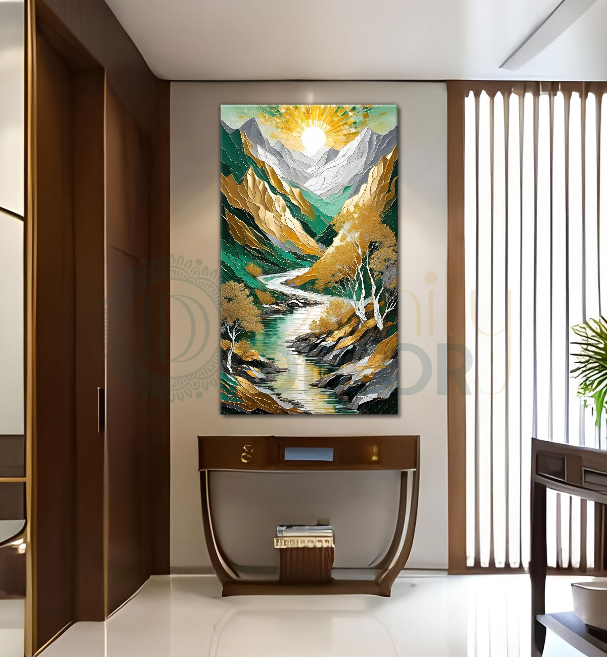 Green mountains with golden treesand white moon textured natural art  Canvas Painting - Nature Art -V-11