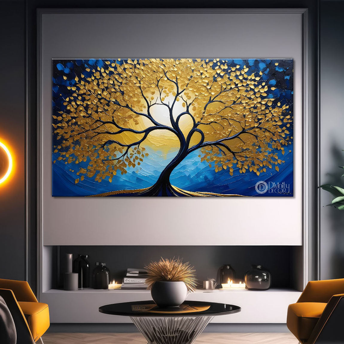 Golden tree with blue textured modern art Canvas Painting - Design - Tree-11