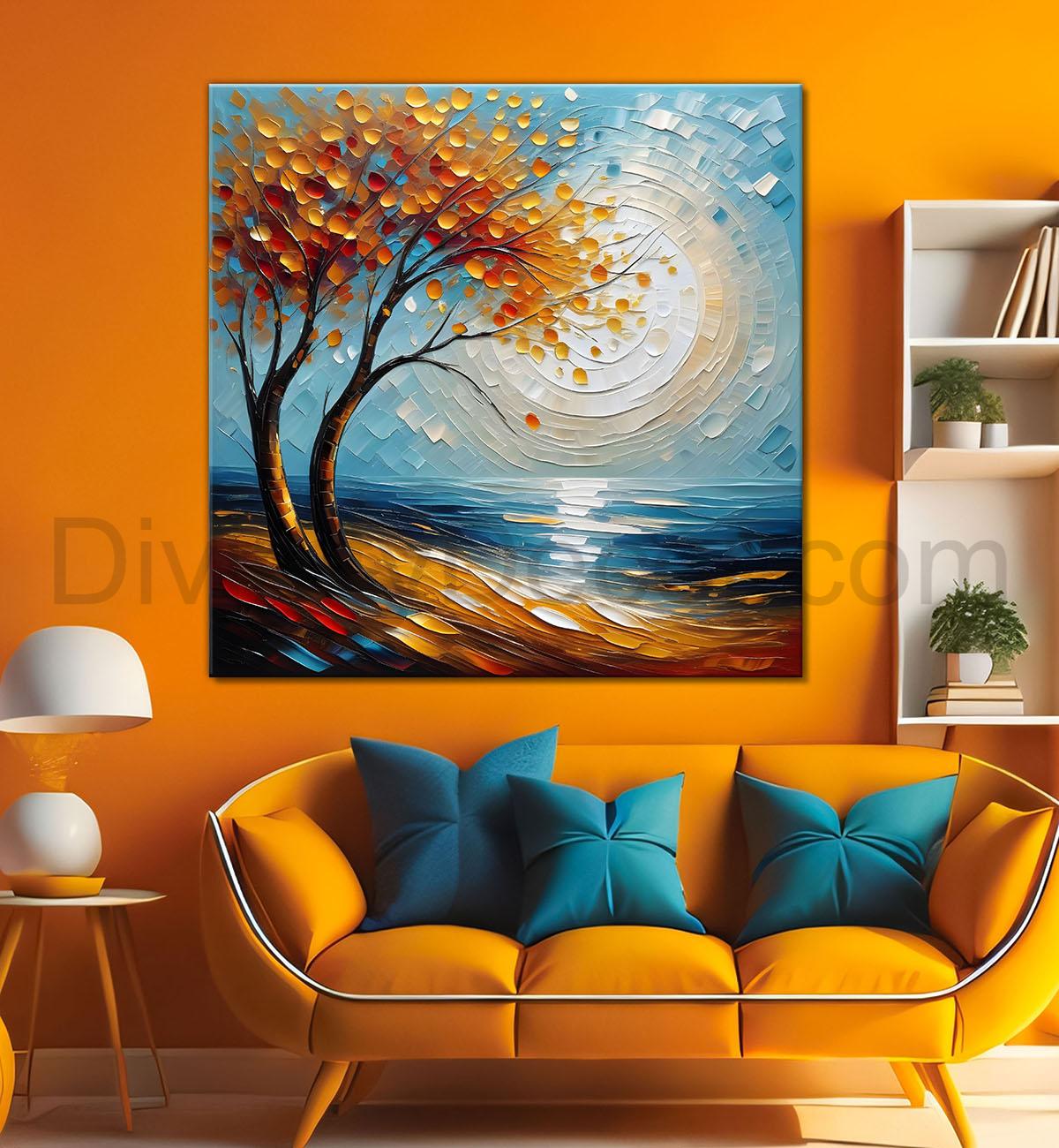Orange tree with moon in blue background natural art Canvas Painting 24X24 - Nature Art -S-11