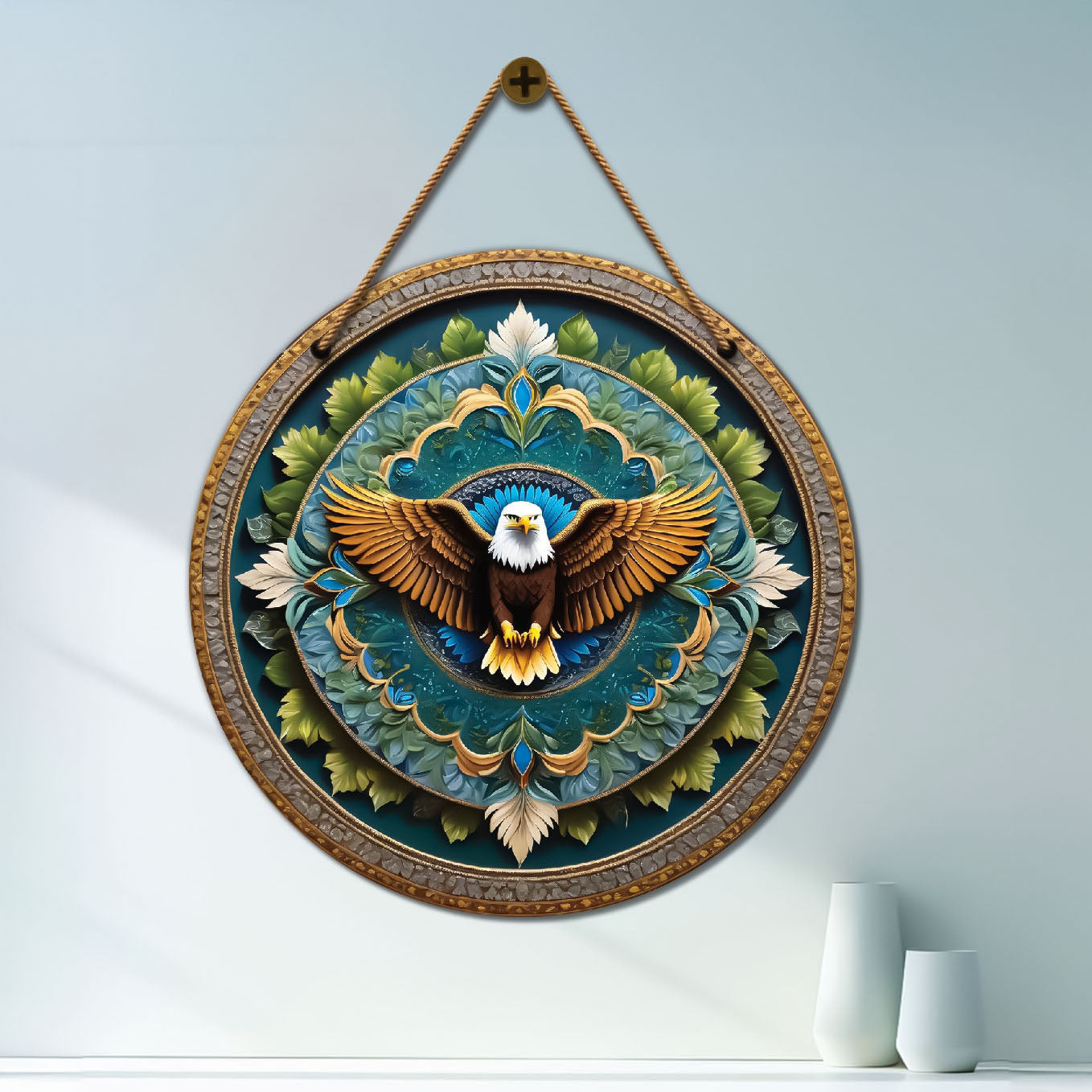 Eagle in golden and green mandala Round Wooden Wall Hanging for wall Décor - Design - 11