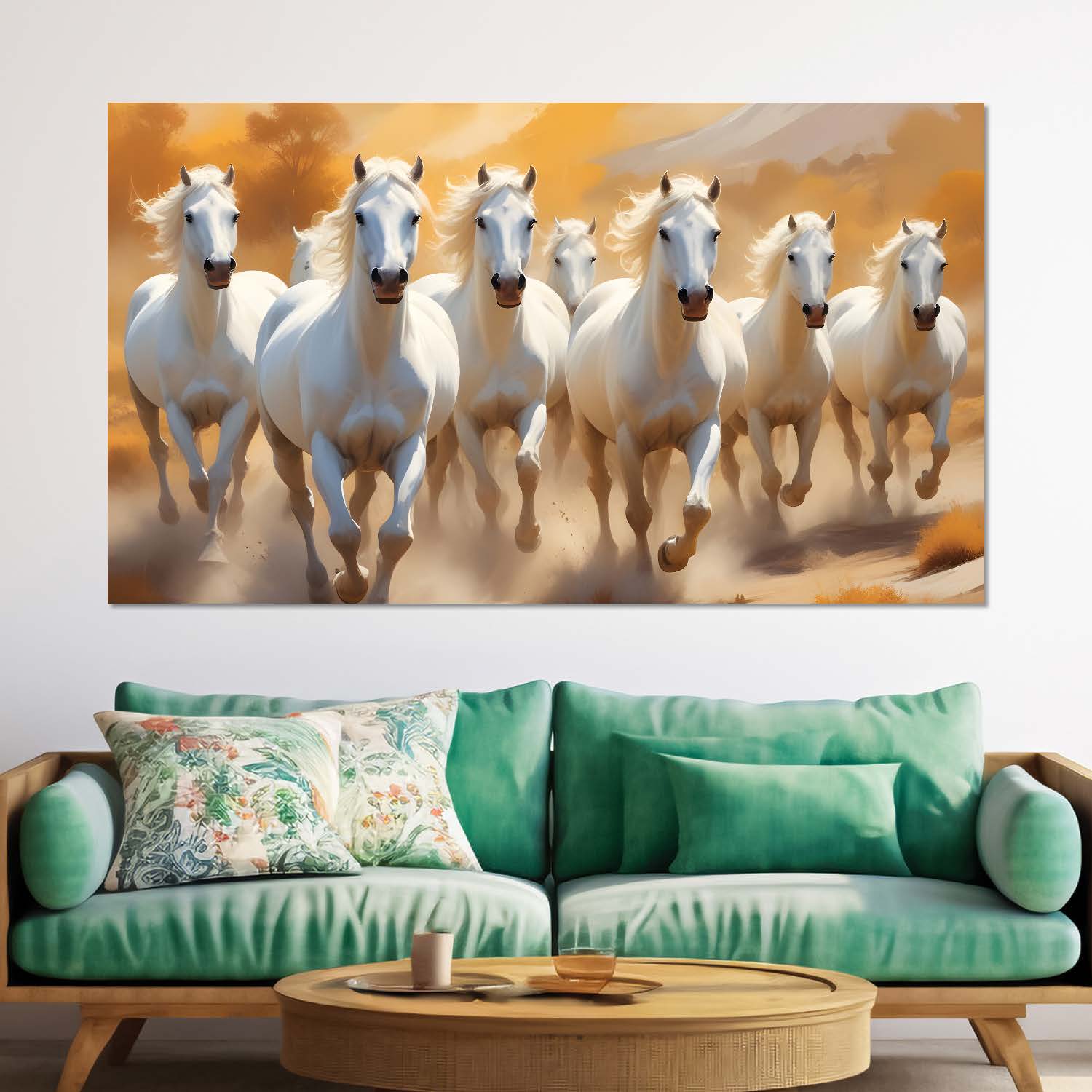 White horses running in yellow textured background art Canvas Painting - Design - Horse-11