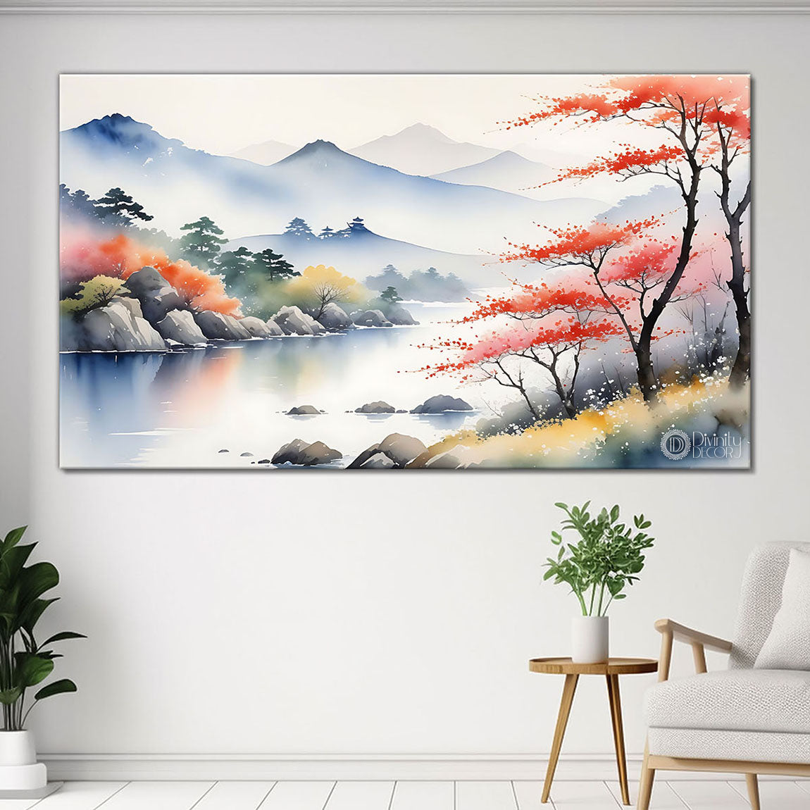 Mountains with pink trees and river in textured water color painting Canvas Painting - Nature Art -11