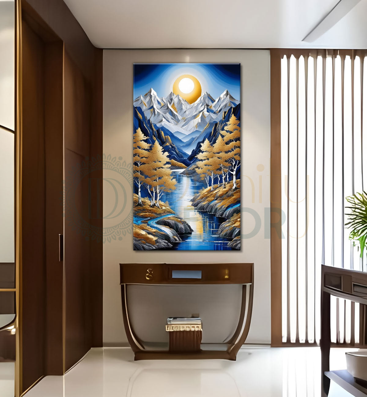 Blue mountains with golden trees and white moon textured natural art Canvas Painting - Nature Art -V-12