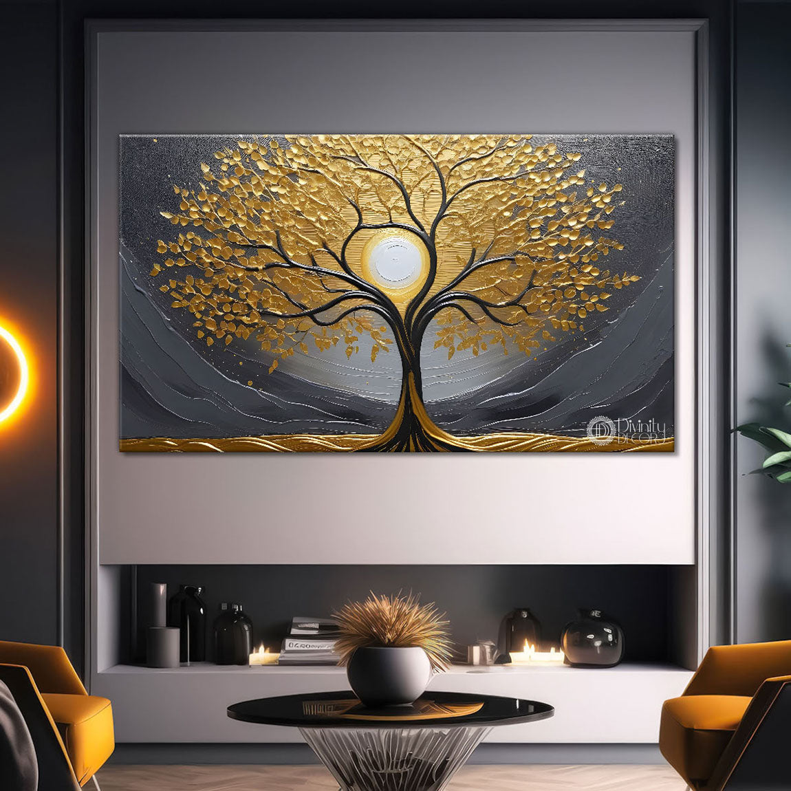 Golden leaf tree with sun in behind textured modern art Canvas Painting - Design - Tree-12
