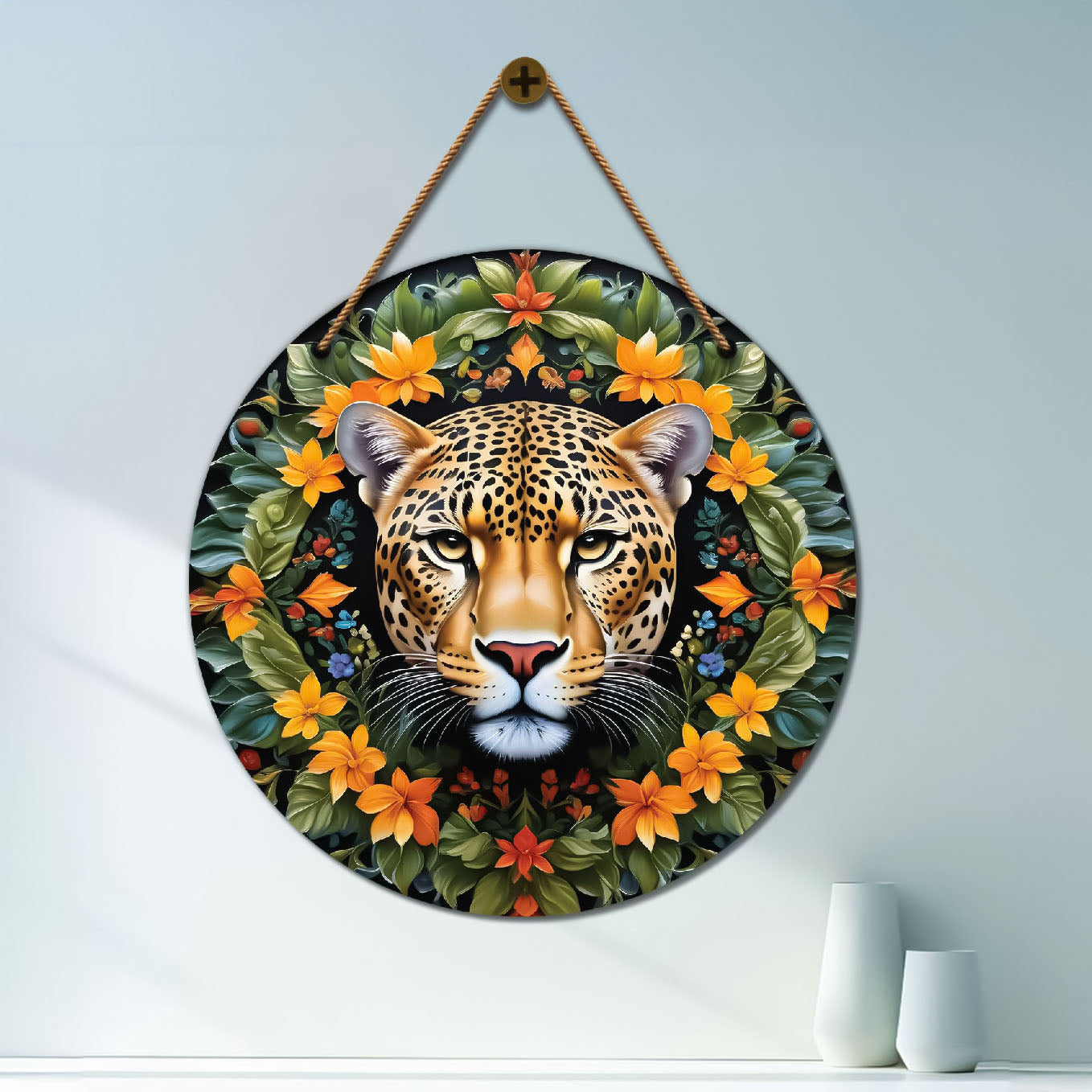 Tiger in floral mandala Round Wooden Wall Hanging for wall Décor - Design - 12