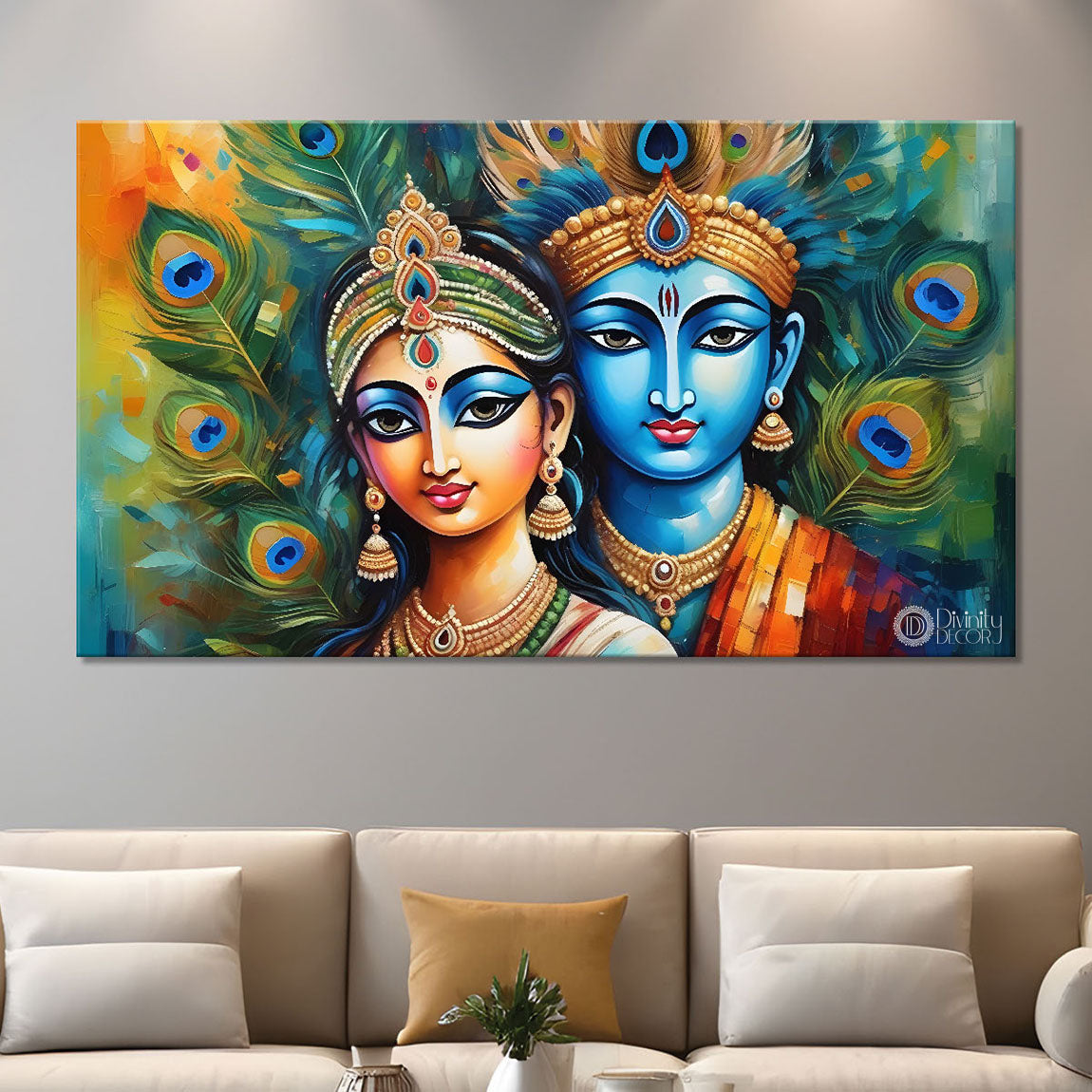 Blue face Krishna and Radha with peacock feather painting Canvas Painting - Design - Krishna-12