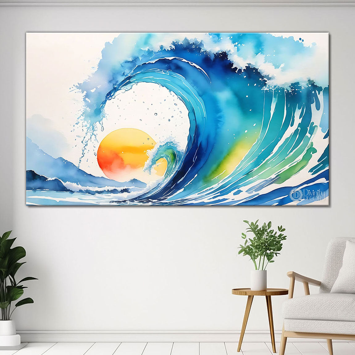 Wave with sun in textured water color painting Canvas Painting - Nature Art -12