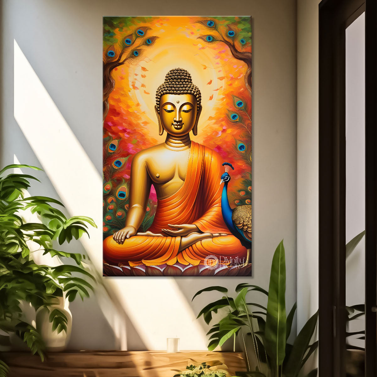 Golden buddha sitting on lotus with trees,peacock and orange background textured painting- Buddha-V-12