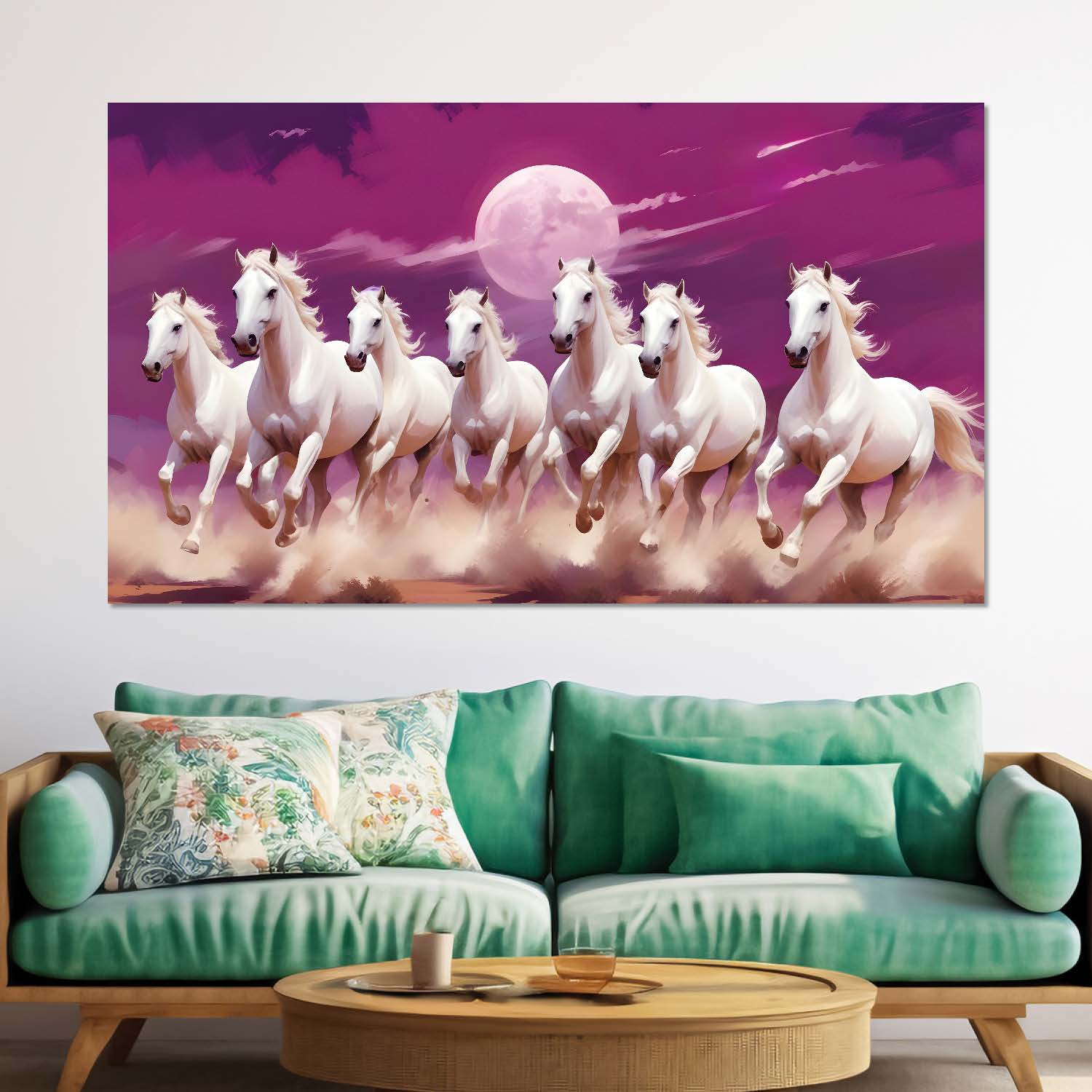 White horses running with moon in purple textured background art Canvas Painting - Design - Horse-12