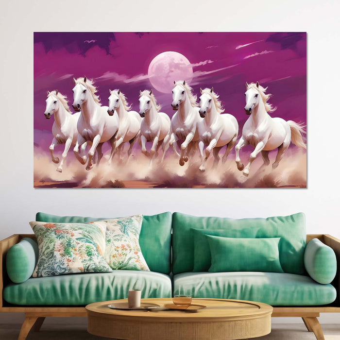 White horses running with moon in purple textured background art Canvas Painting - Design - Horse-12