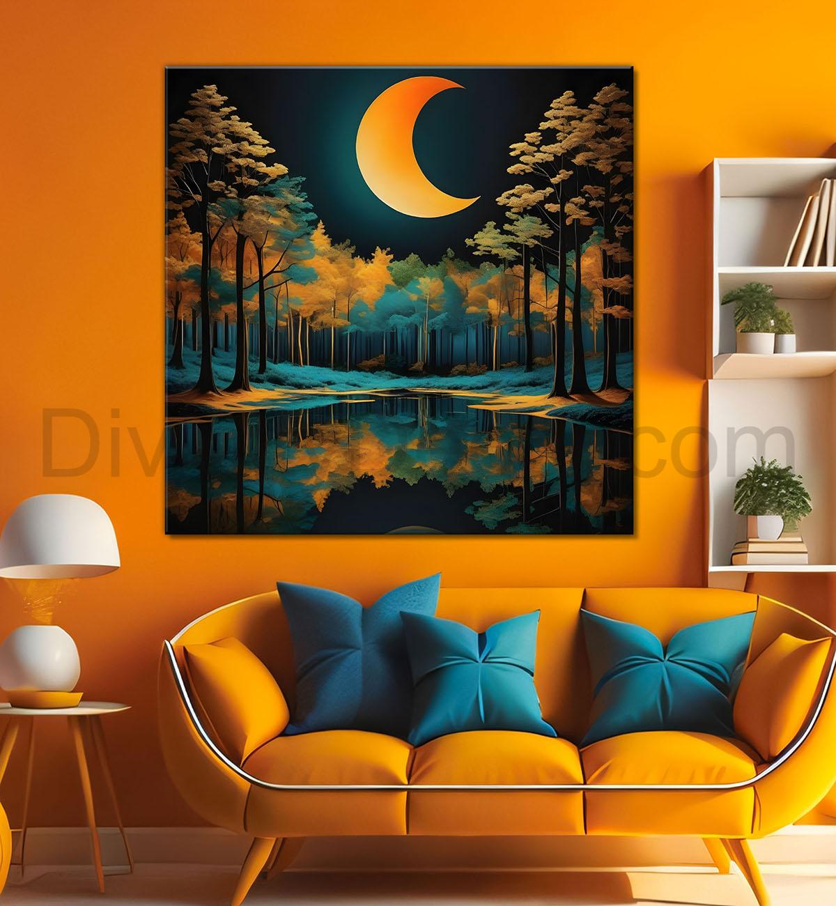 Orange trees with half moon in dark green background painting 24X24 - Nature Art -S-13