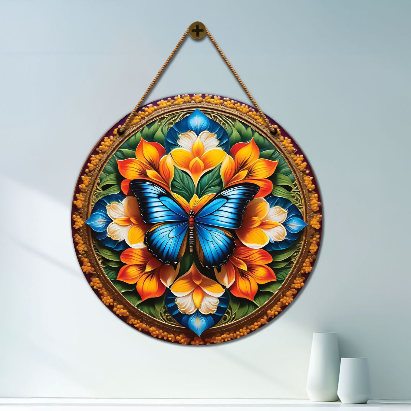 Blue butterfly in orange and blue mandala Round Wooden Wall Hanging for wall Décor - Design - 13