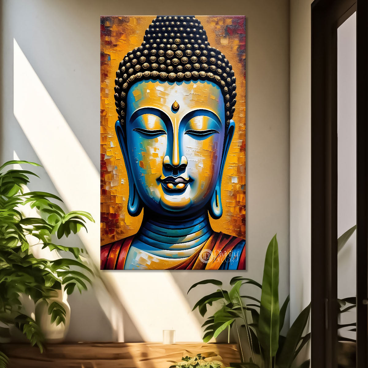 Golden buddha with orange background textured painting- Buddha-V-13