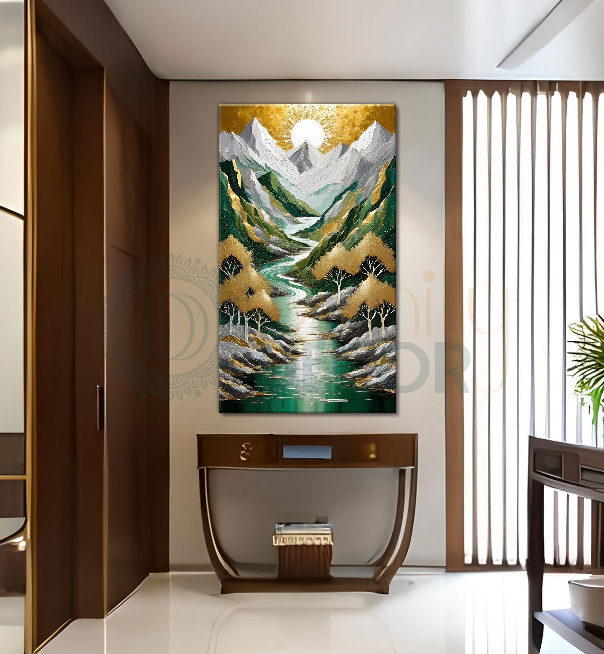 Green mountains with golden treesand white moon textured natural art  Canvas Painting - Nature Art -V-13
