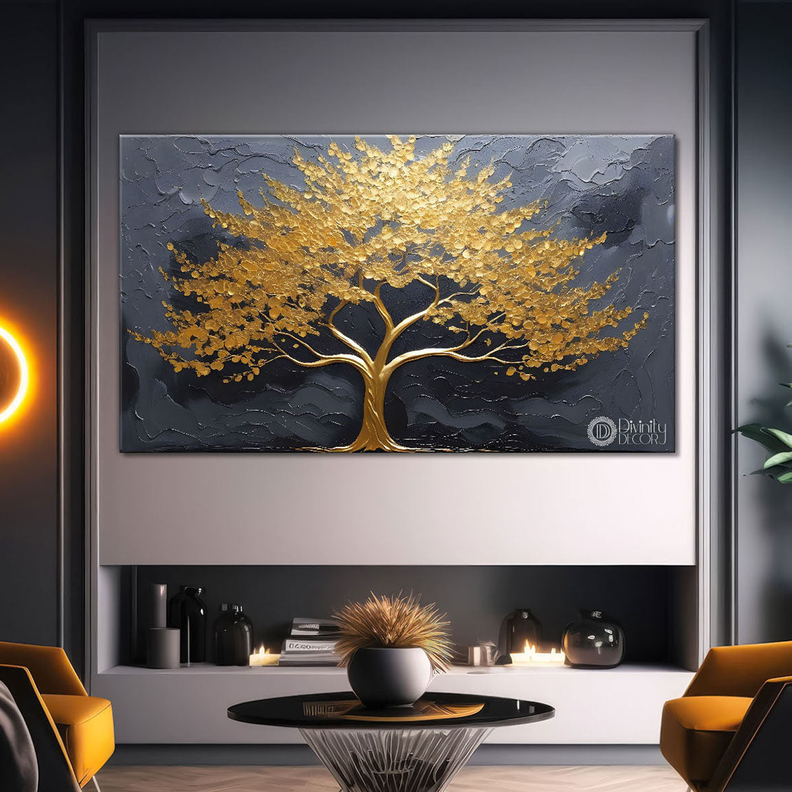Golden tree in dark background textured modern art Canvas Painting - Design - Tree-13