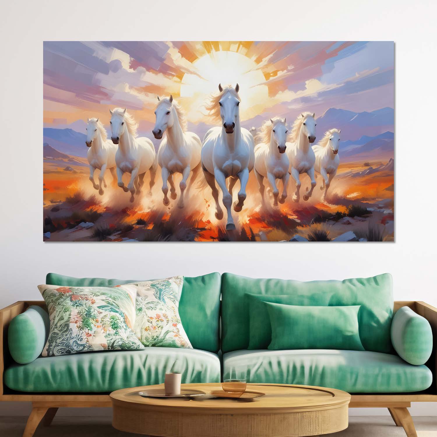 White running horses with mountains and sunrise textured background art Canvas Painting - Design - Horse-13