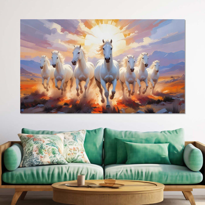 White running horses with mountains and sunrise textured background art Canvas Painting - Design - Horse-13