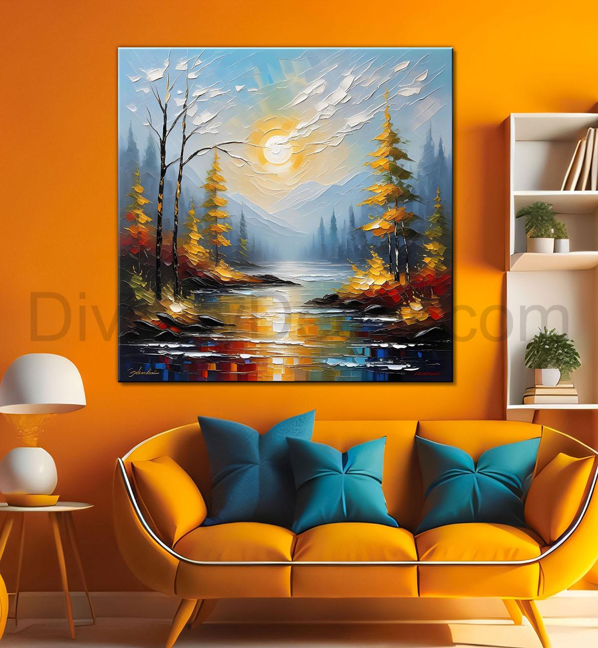 Yellow trees with mountains , sun and lake in textured natural art Canvas Painting 24X24 - Nature Art -S-14