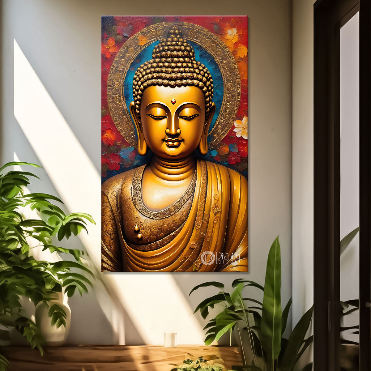 Golden buddha with colourful background textured painting- Buddha-V-14