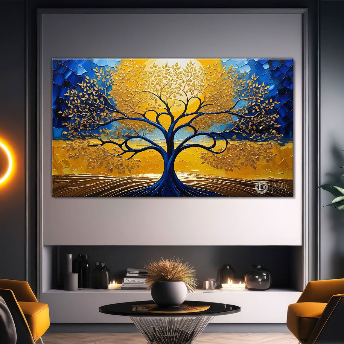 Blue branch with golden leaf tree in textured modern art Canvas Painting - Design - Tree-14