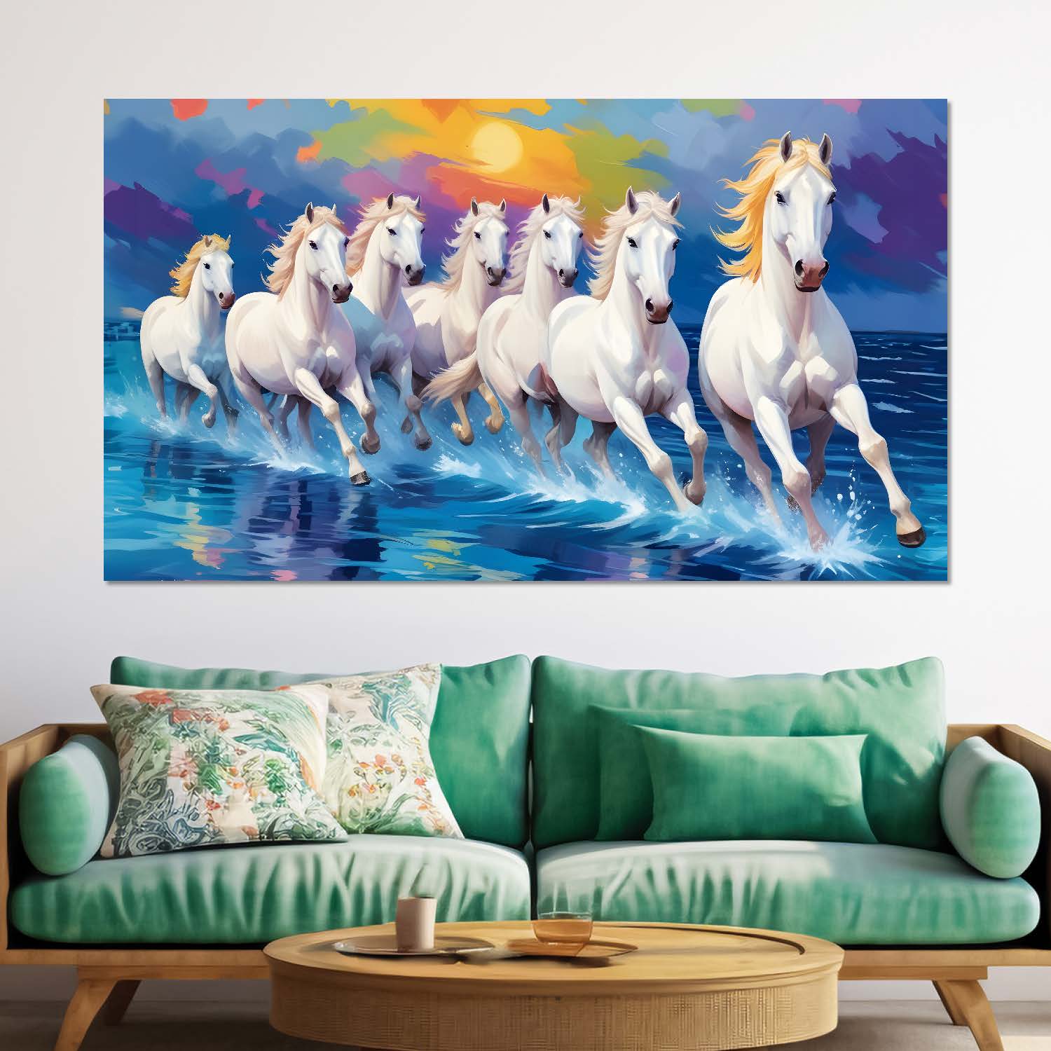 White running horses on the water with colorful textured background art Canvas Painting - Design - Horse-14