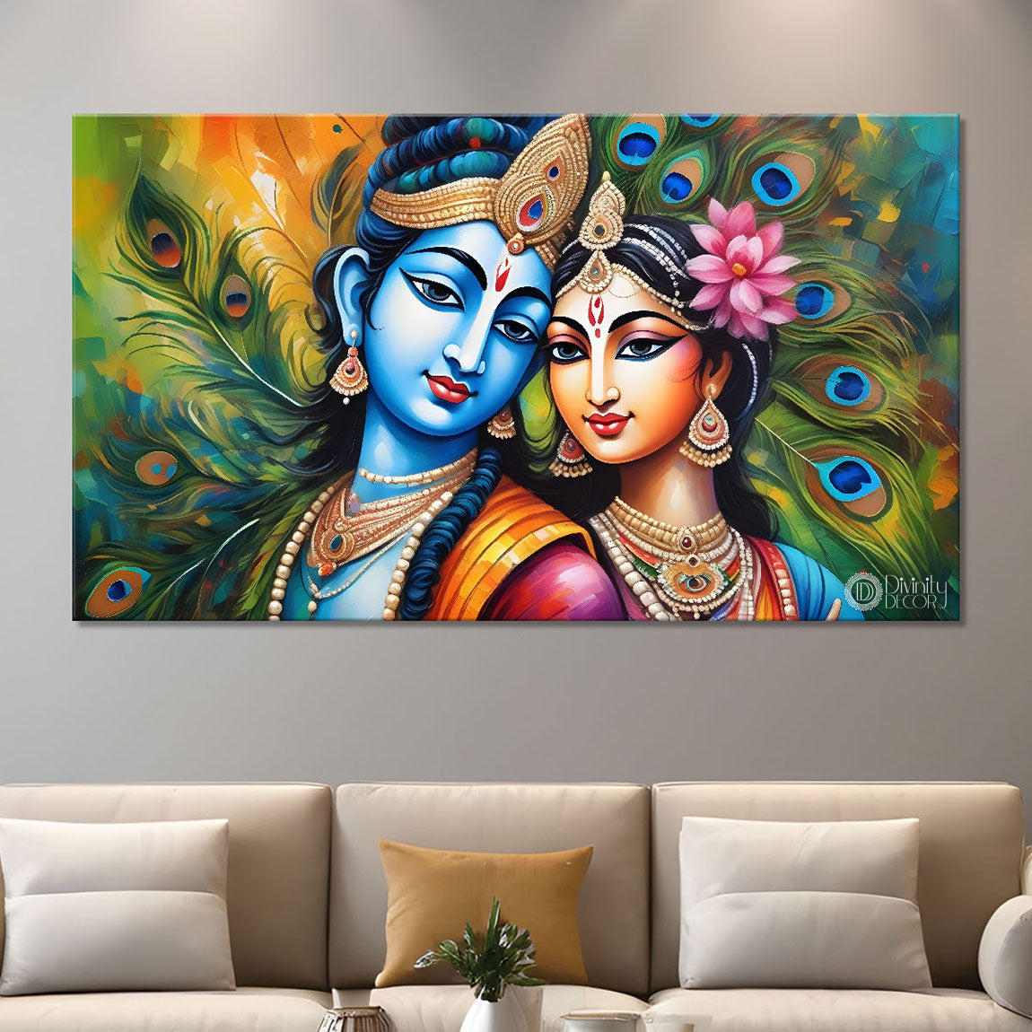 Blue face Krishna and Radha with peacock feather painting Canvas Painting - Design - Krishna-14