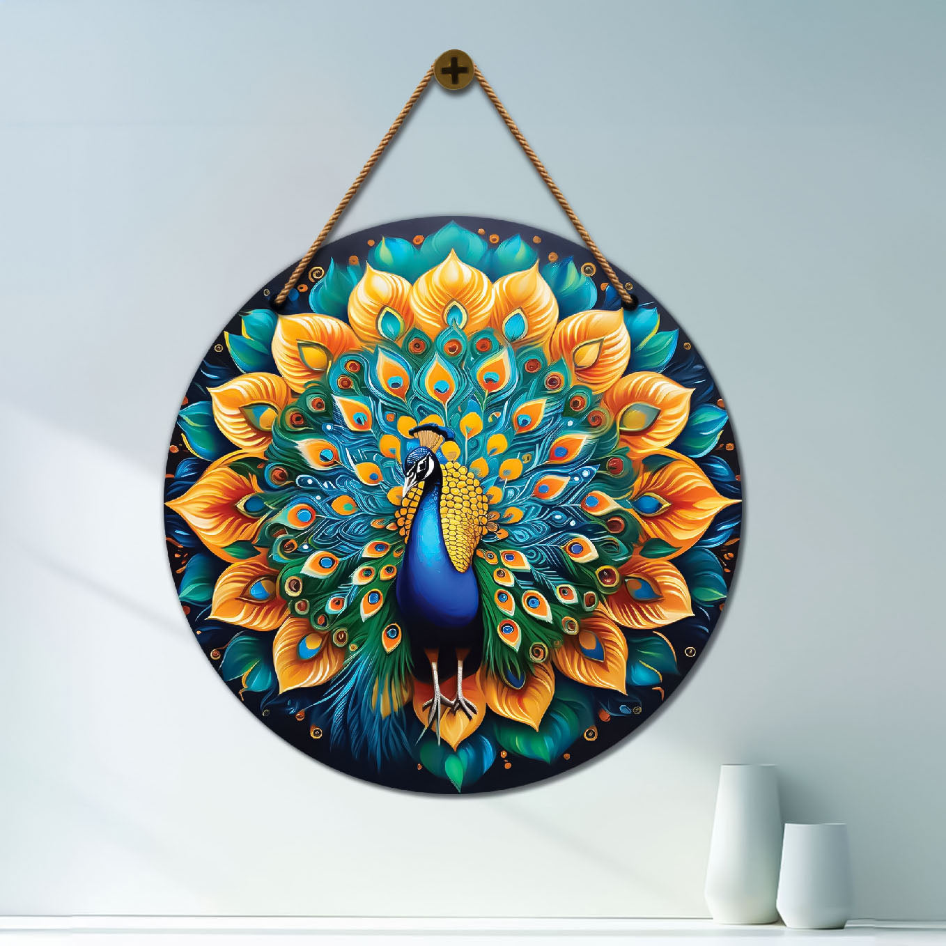 Peacock in green and golden mandala Round Wooden Wall Hanging for wall Décor - Design - 14