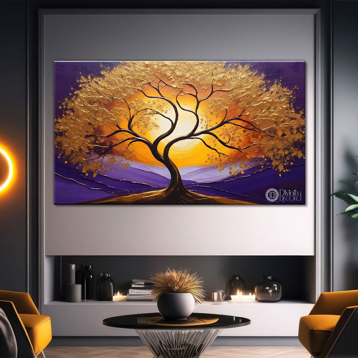 Golden tree in purple textured background modern art Canvas Painting - Design - Tree-15