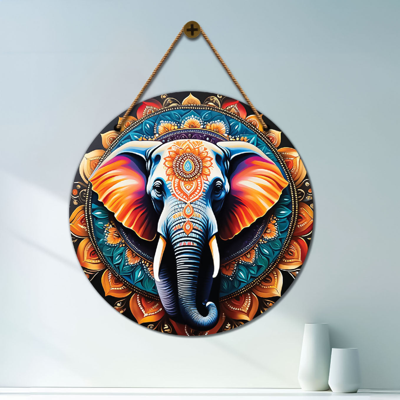 Elephant in orange and green mandala Round Wooden Wall Hanging for wall Décor - Design - 15