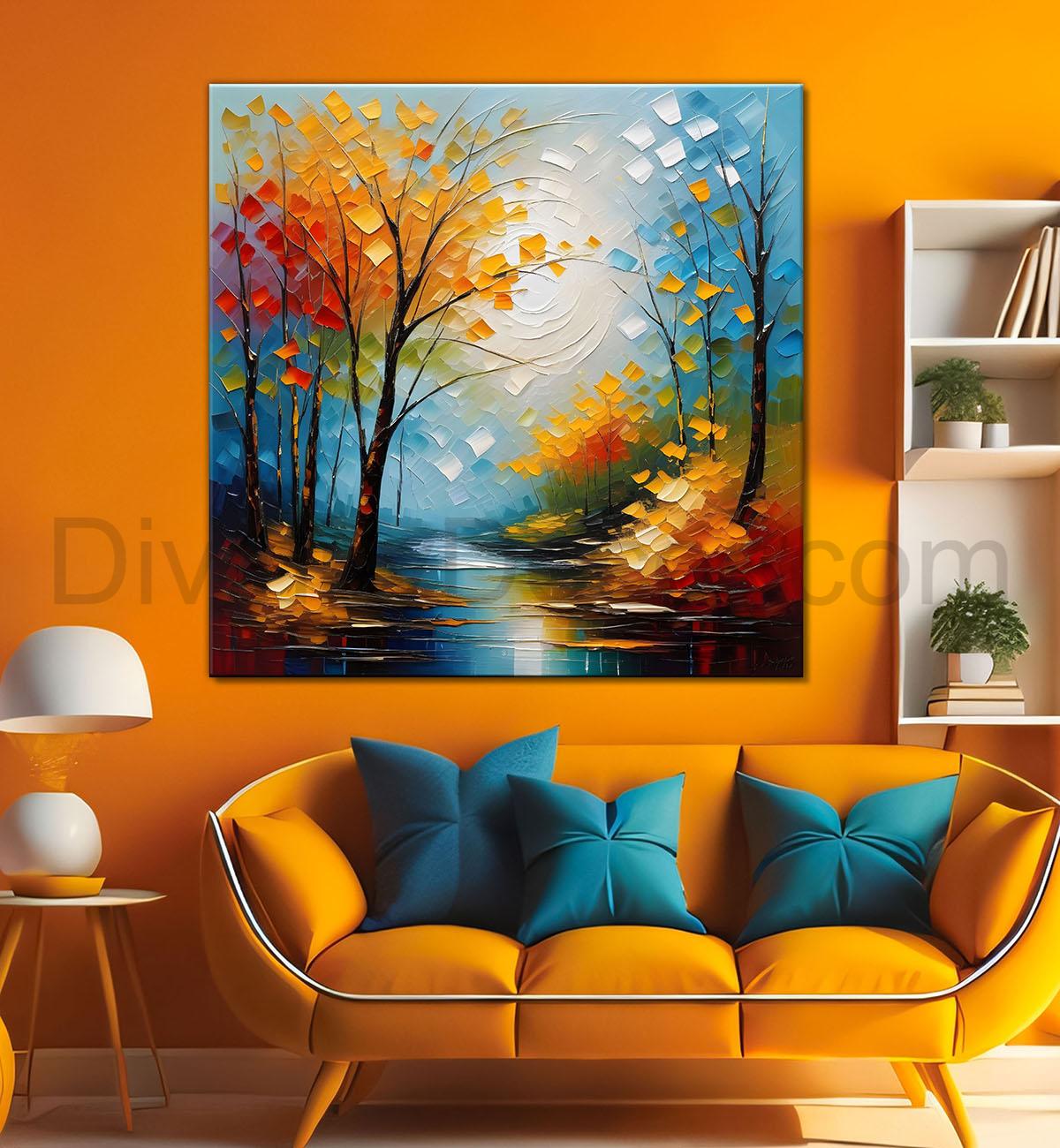 Orange trees in blue background natural art painting Canvas Painting 24X24 - Nature Art -S-15