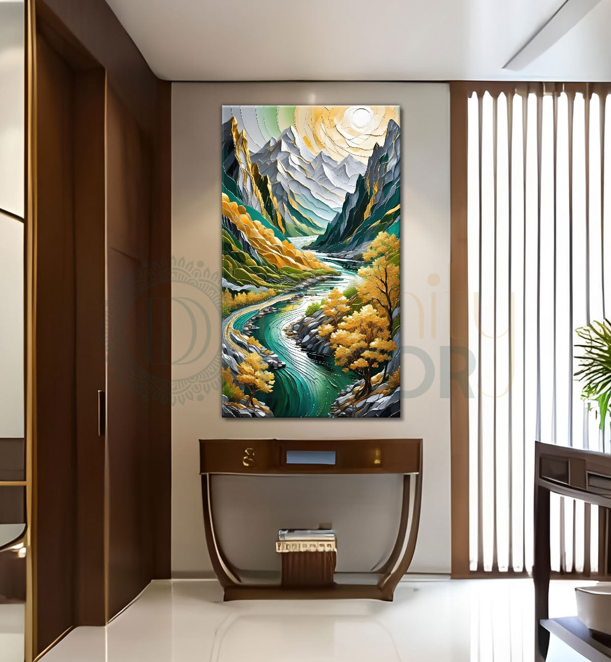 Green mountains with golden treesand white moon textured natural art Canvas Painting - Nature Art -V-15