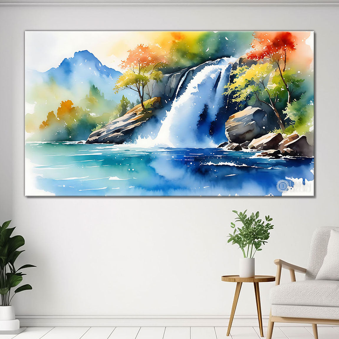 Waterfall with greenery and mountains in textured water color painting Canvas Painting - Nature Art -15