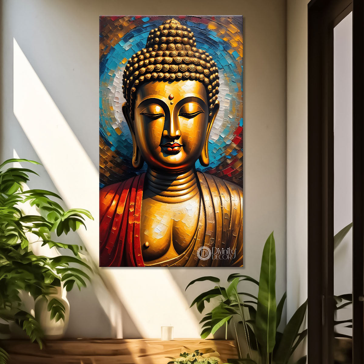 Golden buddha with colourful background textured painting- Buddha-V-15