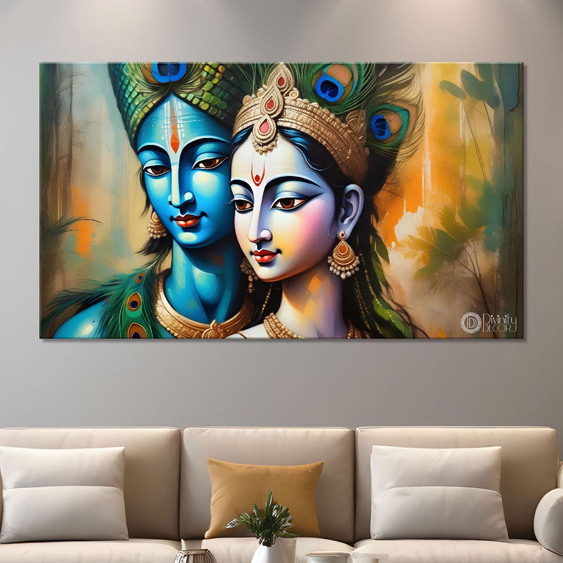 Blue face Krishna and Radha with yellow background painting Canvas Painting - Design - Krishna-15