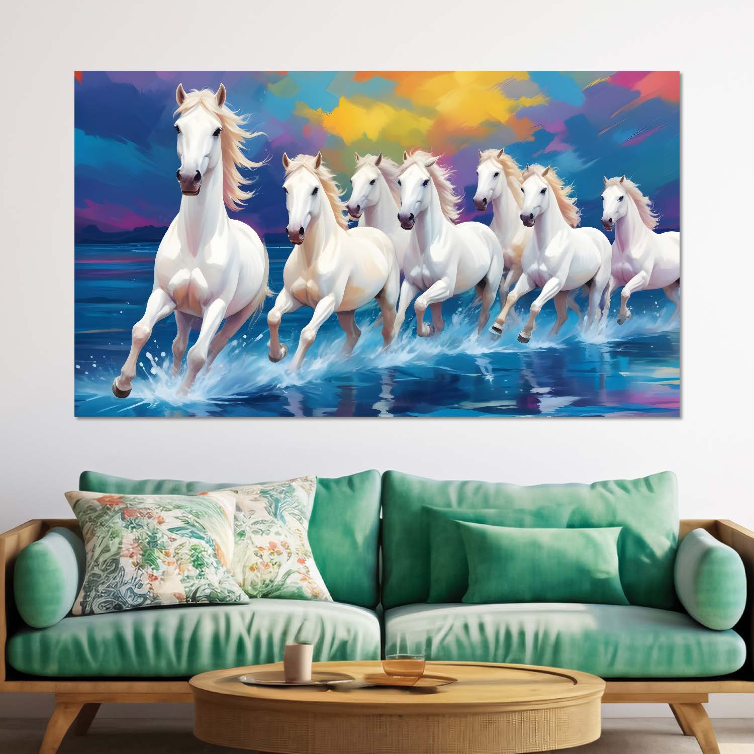 White running horses on the water with colorful textured background art Canvas Painting - Design - Horse-15