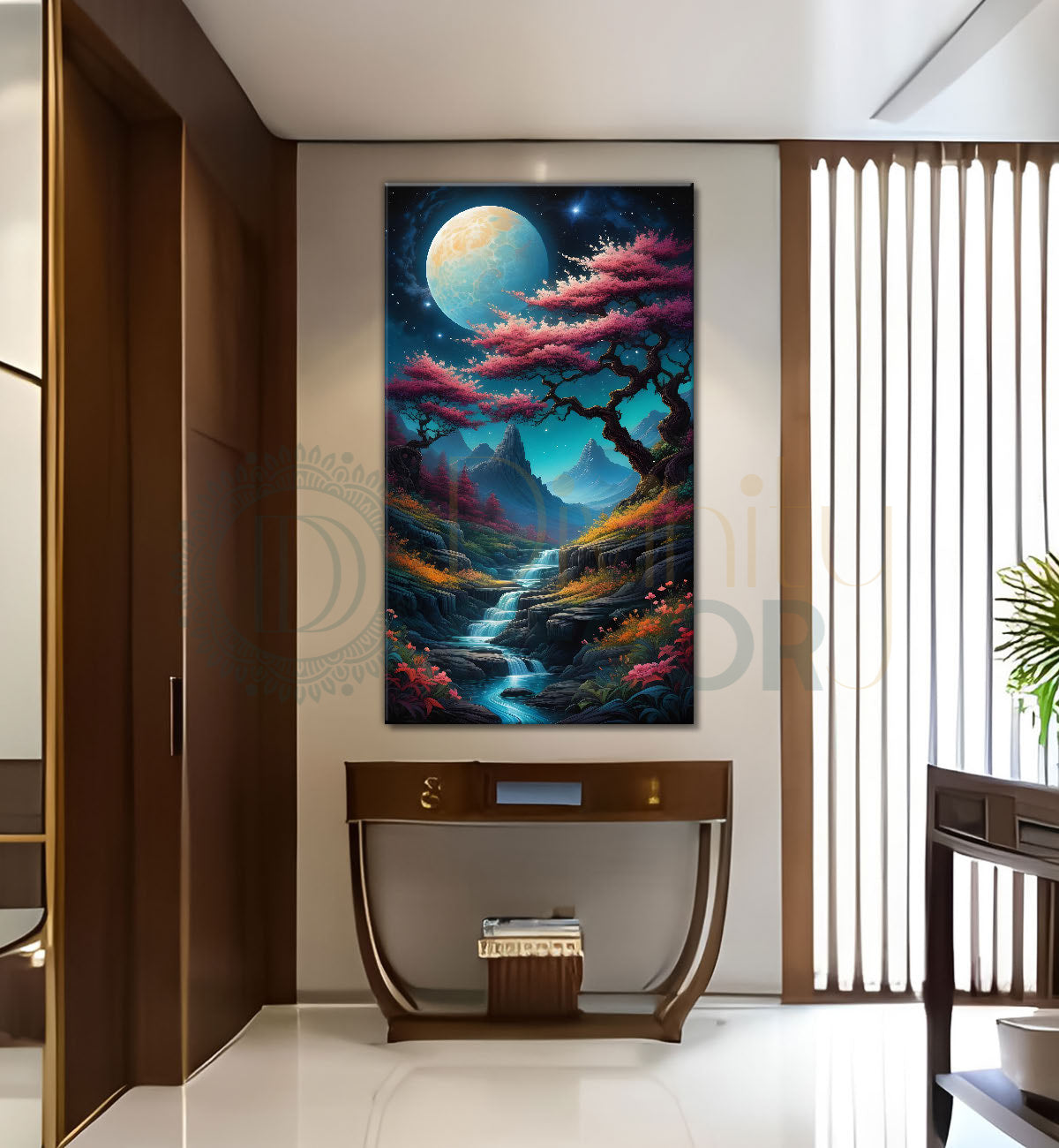 Spring tree wtih blue sly and moon textured natural art Canvas Painting - Nature Art -V-16