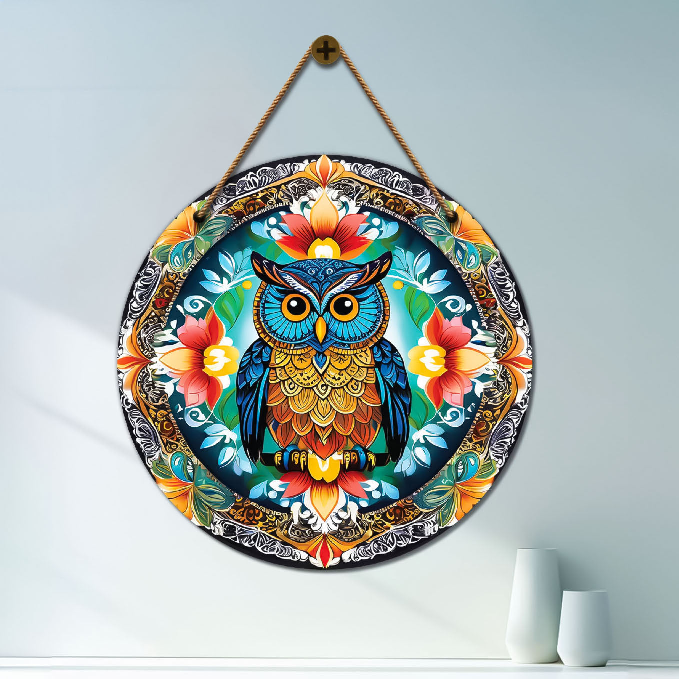Owl in red and floral mandala Round Wooden Wall Hanging for wall Décor - Design - 16