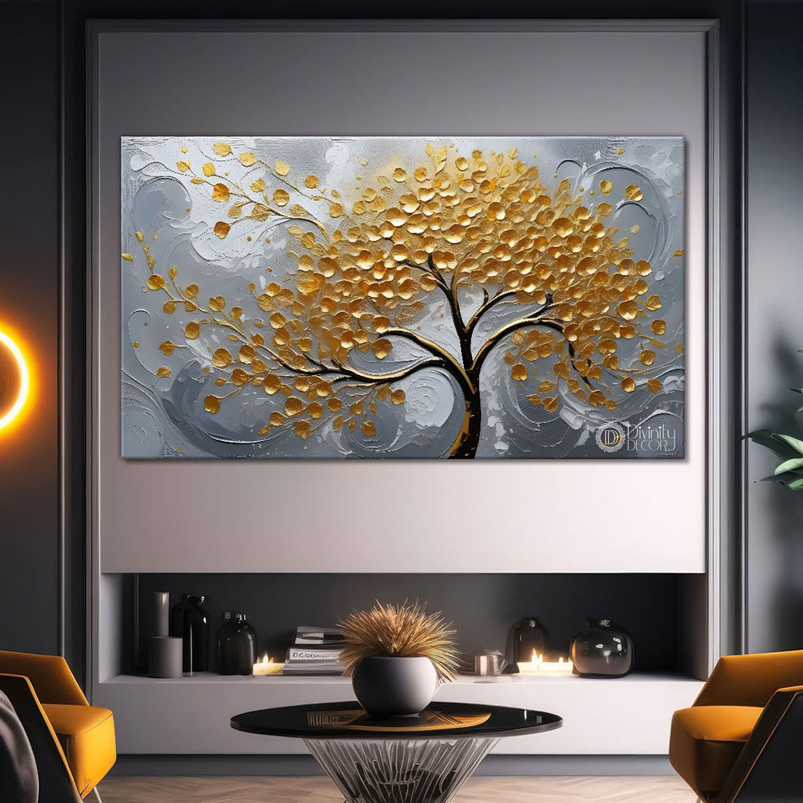 Golden tree with grey textured modern art Canvas Painting - Design - Tree-16