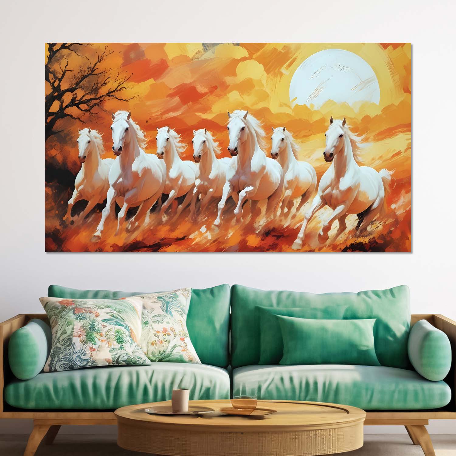 White running horses with tree and sun in yellow textured background art Canvas Painting - Design - Horse-16