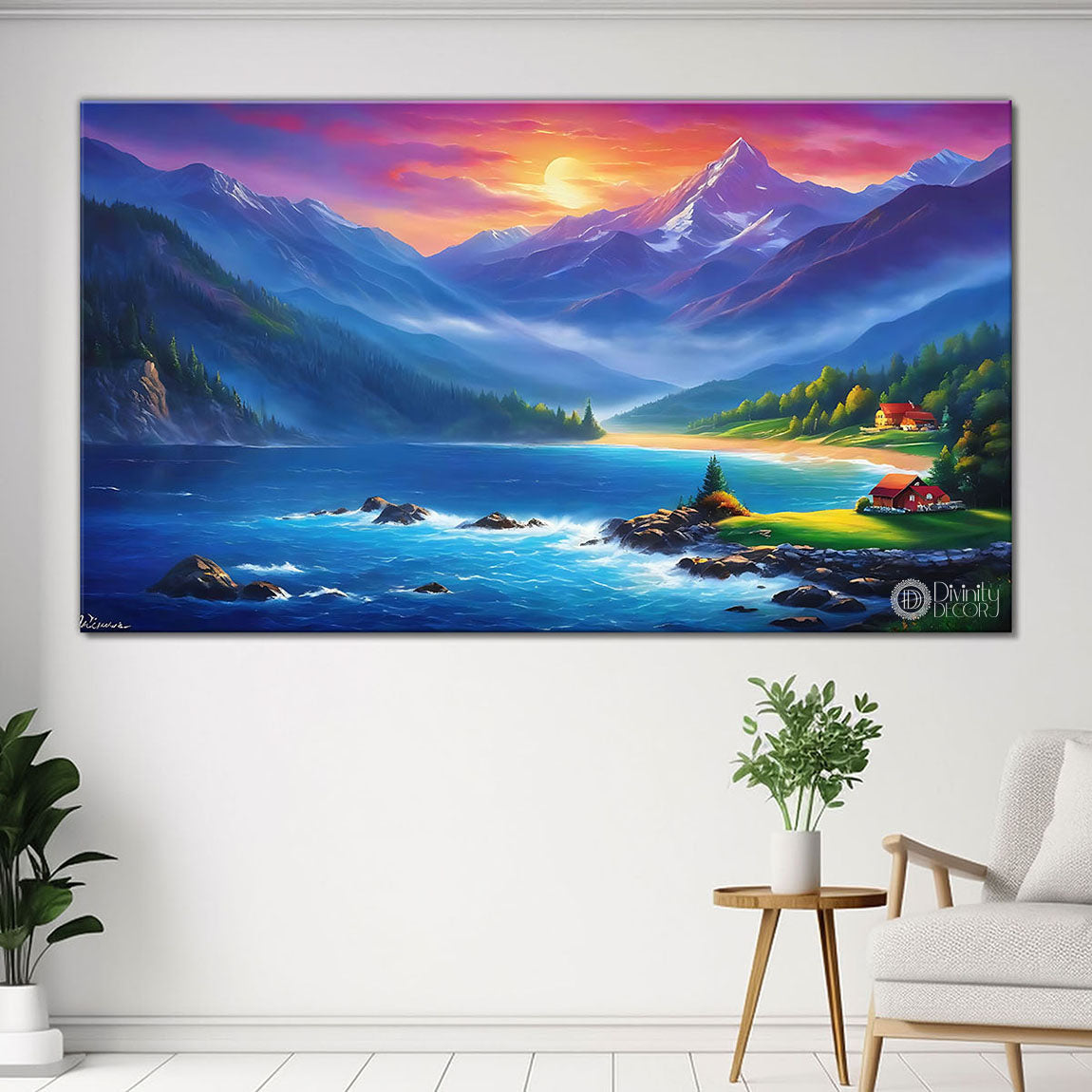 Mountains with lake and sunrise in textured natural art Canvas Painting - Nature Art -16