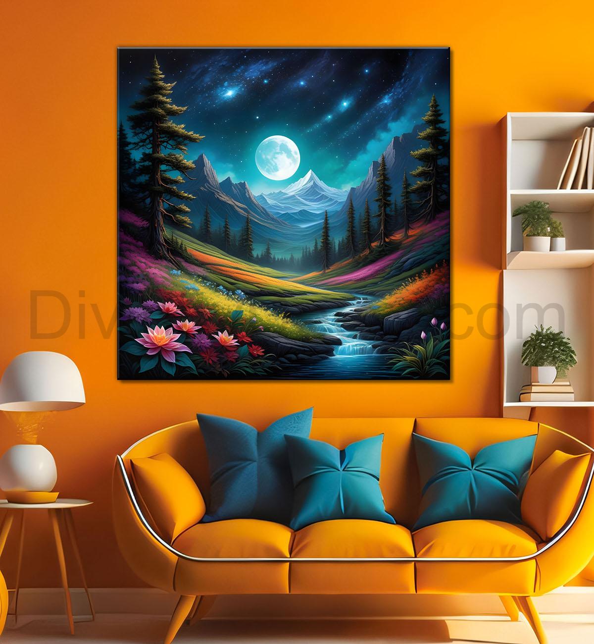 Natural art painting of mountains, river with beautiful flowers and moon Canvas Painting 24X24- Nature Art -S-16