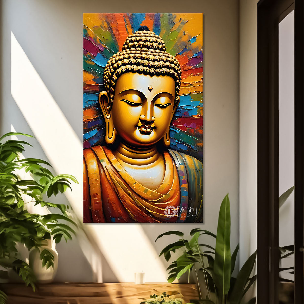 Golden buddha with colourful background textured painting- Buddha-V-16