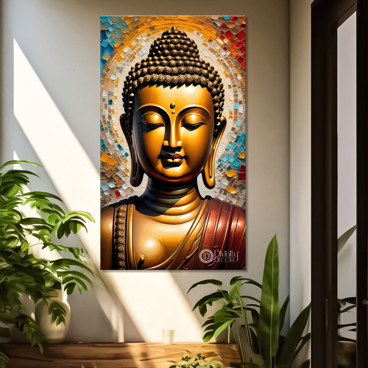 Golden buddha with colourful background textured painting - Buddha-V-17