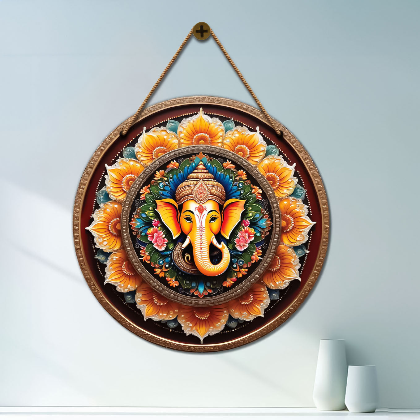 Ganesh Ji in orange and golden mandala Round Wooden Wall Hanging for wall Décor - Design - 17